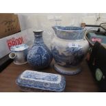 FOUR PIECES OF BLUE AND WHITE TRANSFER PRINTED POTTERY, JUG APPROX 22CM