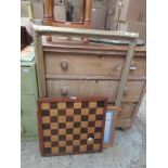 CHESS BOARD TOGETHER WITH A VINTAGE GILT FRAME ETC, CHESS BOARD APPROX 52CM