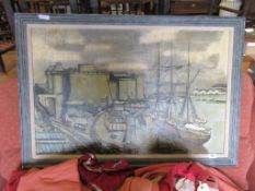 OIL ON CANVAS DEPICTING A TALL SHIP AT ANCHOR IN A HARBOUR, APPROX SIZE 59 X 92CM
