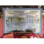 OIL ON CANVAS DEPICTING A TALL SHIP AT ANCHOR IN A HARBOUR, APPROX SIZE 59 X 92CM