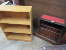 SMALL MODERN SHELF UNIT TOGETHER WITH A LEATHER TOPPED MAGAZINE RACK