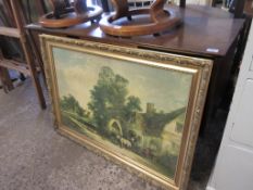 LARGE FRAMED OLEOGRAPH DEPICTING WAGON OUTSIDE A COUNTRY COTTAGE, WIDTH APPROX 103CM