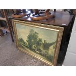 LARGE FRAMED OLEOGRAPH DEPICTING WAGON OUTSIDE A COUNTRY COTTAGE, WIDTH APPROX 103CM