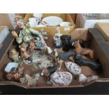 BOX OF MIXED FIGURES INCLUDING AYNSLEY FLORAL DECORATED ANIMALS, DOG FIGURES, CAPO DI MONTE TRAMP ON