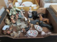 BOX OF MIXED FIGURES INCLUDING AYNSLEY FLORAL DECORATED ANIMALS, DOG FIGURES, CAPO DI MONTE TRAMP ON