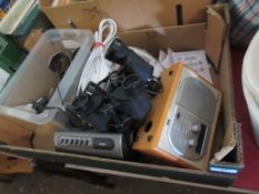 BOX OF VARIOUS ELECTRICALS INCLUDING RADIOS TOGETHER WITH TWO PAIRS OF BINOCULARS VIZ LUMEX 8X40 AND