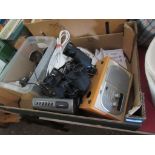 BOX OF VARIOUS ELECTRICALS INCLUDING RADIOS TOGETHER WITH TWO PAIRS OF BINOCULARS VIZ LUMEX 8X40 AND