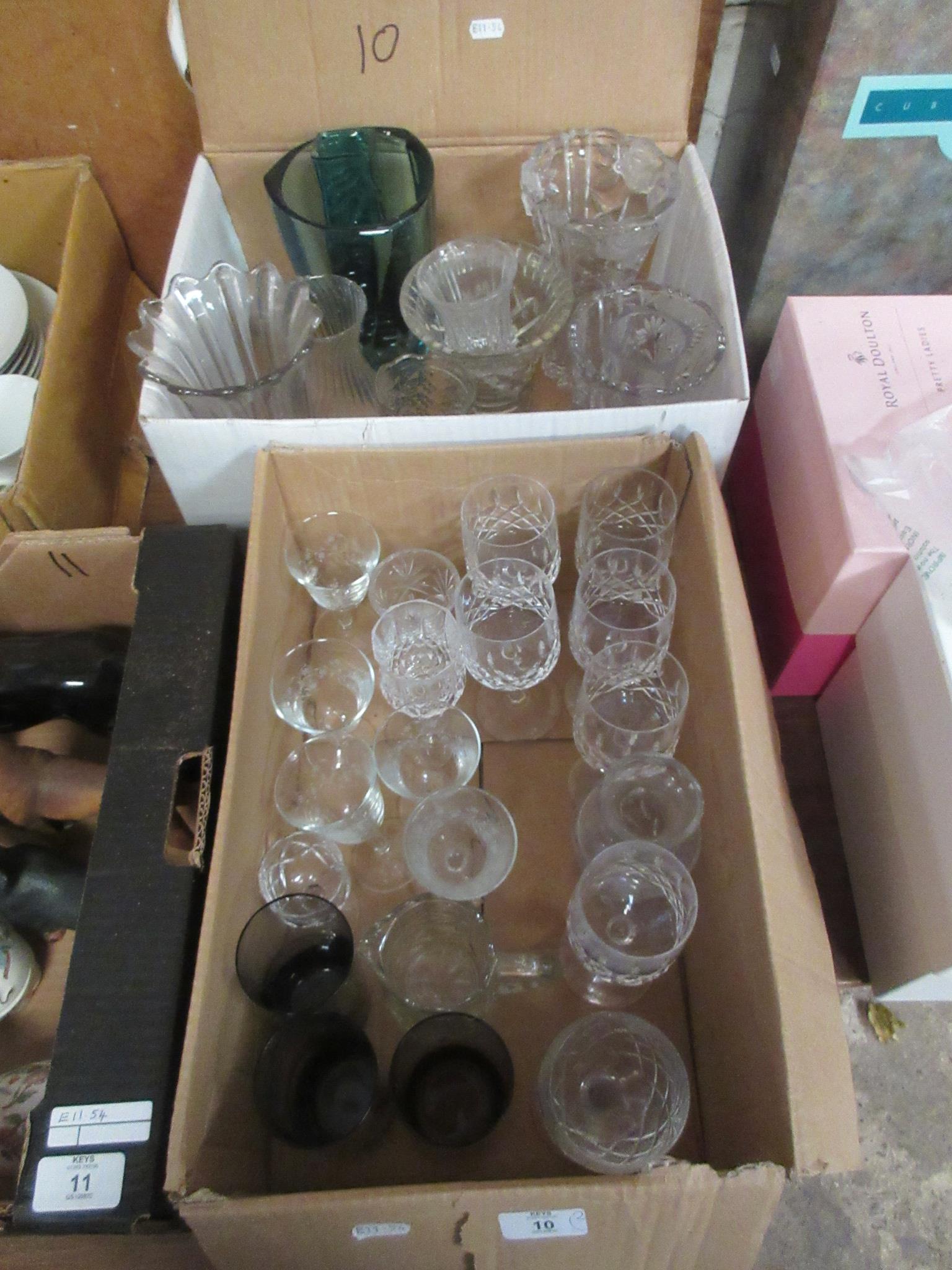 TWO BOXES OF MIXED VASES AND GLASS WARES