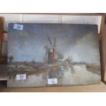 UNFRAMED OIL ON BOARD DEPICTING A WINDMILL, TITLED VERSO MILL ON THE ANT , WIDTH APPROX 39CM