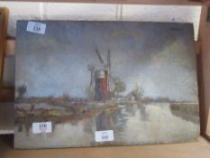 UNFRAMED OIL ON BOARD DEPICTING A WINDMILL, TITLED VERSO MILL ON THE ANT , WIDTH APPROX 39CM