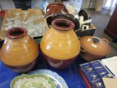 LE CREUSET CASSEROLE POT TOGETHER WITH TWO SIMILAR HAND TURNED POTS, LARGER 35CM HIGH