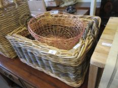 PAIR OF MATCHING WICKER BASKETS, LARGER LENGTH APPROX 61CM AND TWO SMALL CIRCULAR WIRE BASKETS, DIAM