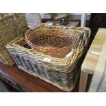 PAIR OF MATCHING WICKER BASKETS, LARGER LENGTH APPROX 61CM AND TWO SMALL CIRCULAR WIRE BASKETS, DIAM