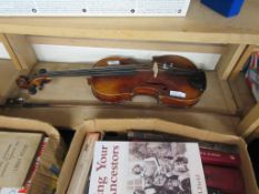 VIOLIN, TOTAL LENGTH APPROX 61CM TOGETHER WITH BOW (A/F)