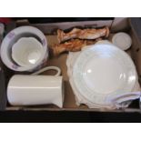 BOX OF PAIR OF MOULDED ORIENTAL FIGURES AND A QUANTITY OF ROYAL WORCESTER ALLEGRO DINNER PLATES ETC