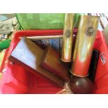 BOX OF VARIOUS ITEMS INCLUDING TWO PIECES OF TRENCH ART BEARING CREST OF ROYAL EDUCATIONAL CORPS AND