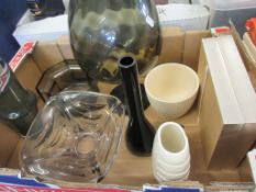 TWO BOXES OF VARIOUS COLOURED OR SMOKED GLASS AND AYNSLEY FLORAL VASE ETC