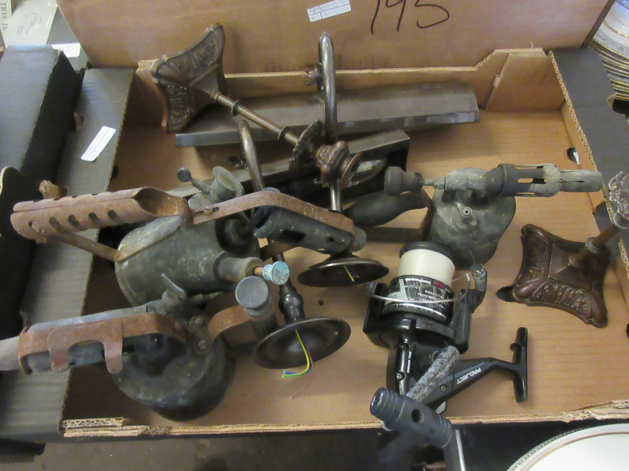 TWO BOXES CONTAINING VARIOUS INCLUDING THREE BLOW LAMPS, CANDLESTICKS, TWO PICTURE LIGHTS, RYOBI - Image 2 of 2