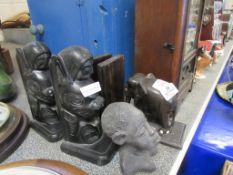 QUANTITY OF VARIOUS BOOKENDS INCLUDING TRIBAL ART ELEPHANTS ETC