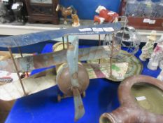 TIN MODEL OF AN AEROPLANE TOGETHER WITH A METAL GLOBE AND TRAY