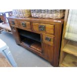 MODERN CHINESE HARDWOOD SIDEBOARD, CENTRAL DOUBLE DOOR CUPBOARD, FLANKED EITHER SIDE BY TWO SMALL