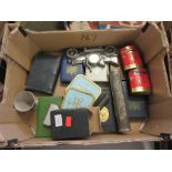 BOX OF VARIOUS SMALL COLLECTIBLES INCLUDING POST OFFICE MONEY TINS, SAVINGS BANKS, PLAYERS TOBACCO