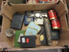 BOX OF VARIOUS SMALL COLLECTIBLES INCLUDING POST OFFICE MONEY TINS, SAVINGS BANKS, PLAYERS TOBACCO