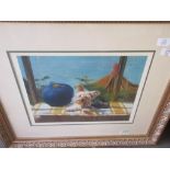 FRAMED PAINTING DEPICTING A TERRIER DOG LYING ON A WINDOWSEAT, APPROX 30CM X 40CM (FRAME APPROX 60 X