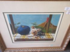 FRAMED PAINTING DEPICTING A TERRIER DOG LYING ON A WINDOWSEAT, APPROX 30CM X 40CM (FRAME APPROX 60 X