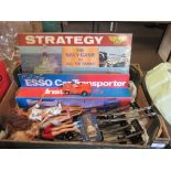BOX CONTAINING TOYS INCLUDING ARIEL STRATEGY GAME, BOXED ESSO COLLECTION, DIECAST SCANIA