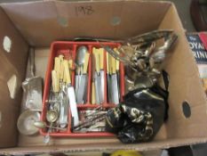BOX CONTAINING LARGE QUANTITY OF BONE HANDLED AND OTHER CUTLERY TOGETHER WITH OTHER SILVER PLATED