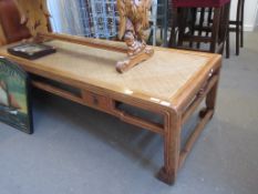 20TH CENTURY CHINESE COFFEE TABLE WITH RUSH WORK TOP AND TWO DRAWERS, 170CM WIDE