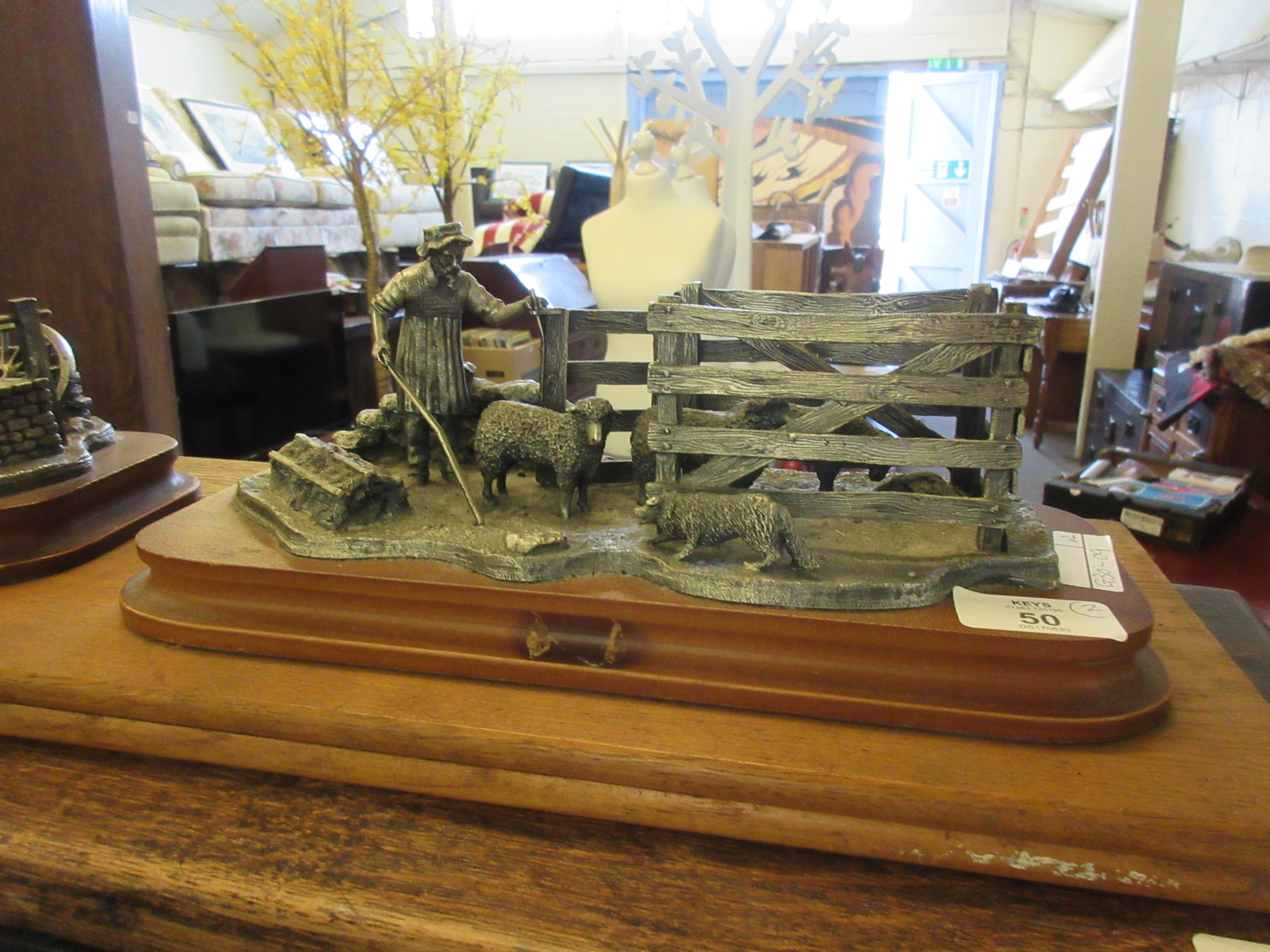 TWO HEAVY MOULDED METAL MODELS DEPICTING FARMYARD SCENES, ONE A SHEPHERD, THE OTHER A MILKING - Image 3 of 3