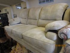 TWO PIECE UPHOLSTERED FURNITURE SUITE COMPRISING THREE SEATER SOFA AND ARMCHAIR, THE SOFA APPROX