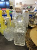 SELECTION OF FOUR VARIOUS DECANTERS, TALLEST 30CM INC STOPPER AND A MINIATURE TEA SET AND PAIR OF