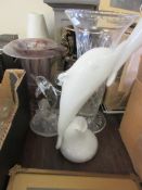 TWO GLASS DOLPHIN FIGURES AND VARIOUS VASES