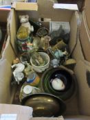 BOX OF VARIOUS ORNAMENTS AND METAL WARE ETC