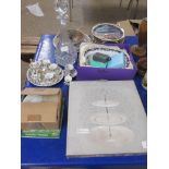 BOXED GLASS THREE TIER CAKE STAND TOGETHER WITH DECANTER, COLLECTORS PLATES AND OTHER CERAMIC