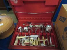 CUTLERY CANTEEN CONTAINING MIXED PLATED AND BONE HANDLED AND MOTHER OF PEARL HANDLED CUTLERY AND TWO