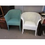 VINTAGE WHITE PAINTED LLOYD LOOM STYLE CHAIR AND A BLUE WICKER CHAIR