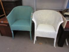 VINTAGE WHITE PAINTED LLOYD LOOM STYLE CHAIR AND A BLUE WICKER CHAIR