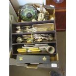 BOX OF CLEARANCE SUNDRIES INCLUDING A KNIFE BOX CONTAINING SILVER PLATED AND OTHER CUTLERY