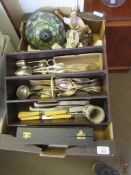 BOX OF CLEARANCE SUNDRIES INCLUDING A KNIFE BOX CONTAINING SILVER PLATED AND OTHER CUTLERY