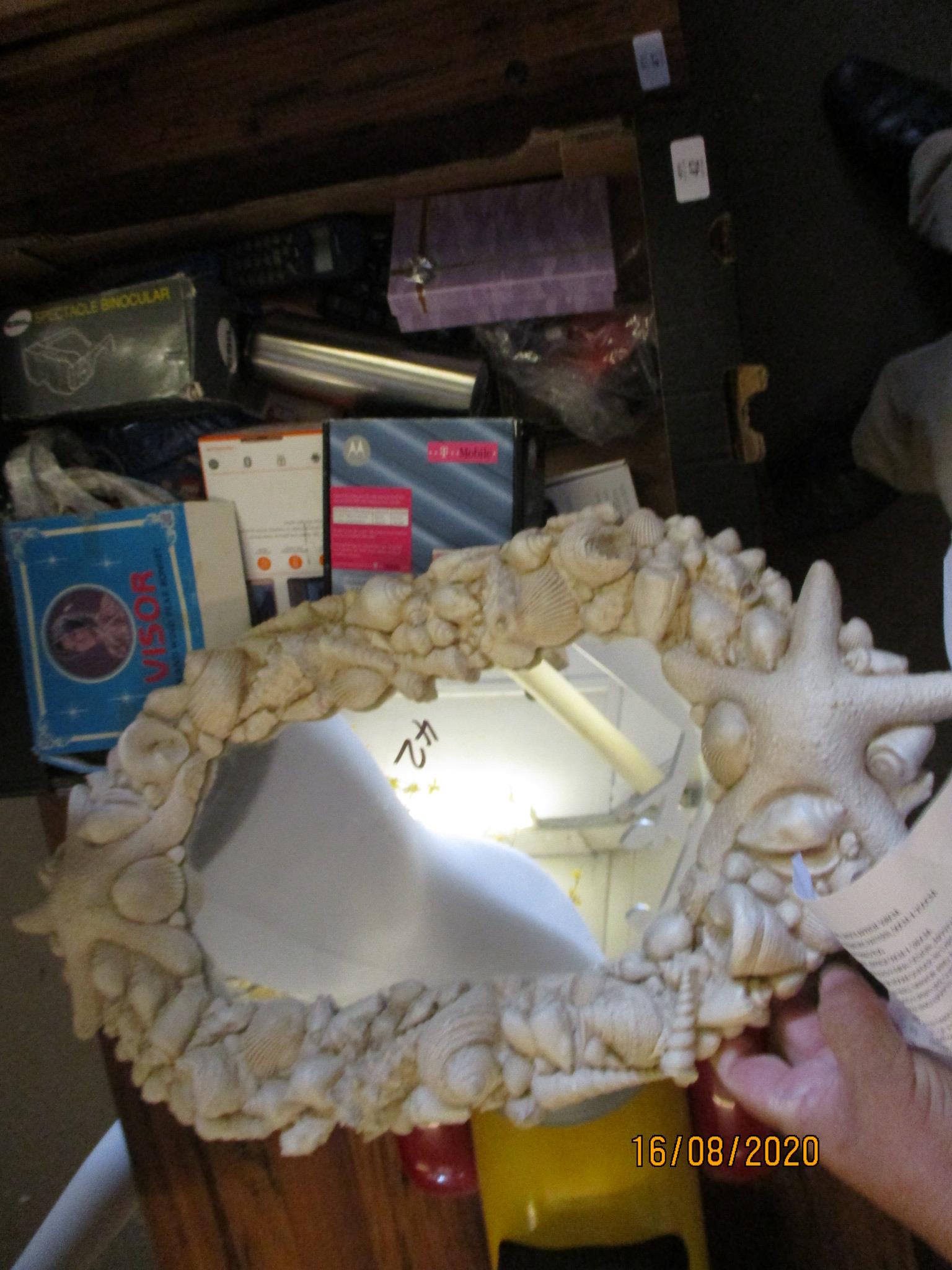 MOULDED SHELL DESIGN WALL MIRROR AND A BOX FULL OF CLEARANCE SUNDRIES - Image 2 of 2