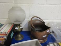 COAL SCUTTLE AND A SMALL BRASS OIL LAMP