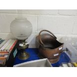 COAL SCUTTLE AND A SMALL BRASS OIL LAMP