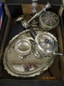 BOX OF VARIOUS SILVER PLATED ITEMS INCLUDING CANDLESTICKS, ROSE BOWL, SMALL FOOTED BOWL, OVAL TRAY