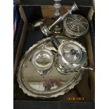 BOX OF VARIOUS SILVER PLATED ITEMS INCLUDING CANDLESTICKS, ROSE BOWL, SMALL FOOTED BOWL, OVAL TRAY