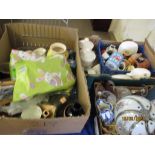 FOUR BOXES OF HOUSEHOLD CLEARANCE INCLUDING GLASS WARES, KITCHEN CERAMICS, LP RECORDS ETC