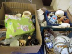 FOUR BOXES OF HOUSEHOLD CLEARANCE INCLUDING GLASS WARES, KITCHEN CERAMICS, LP RECORDS ETC